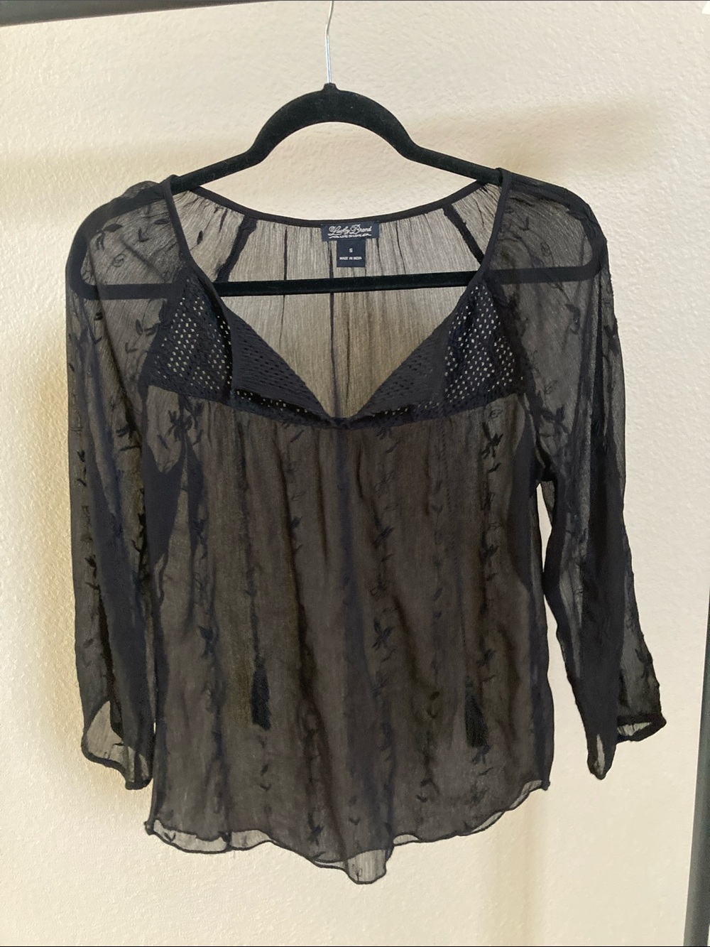Women’s Lucky Brand Black Sheer Embroidered V-Neck Blouse